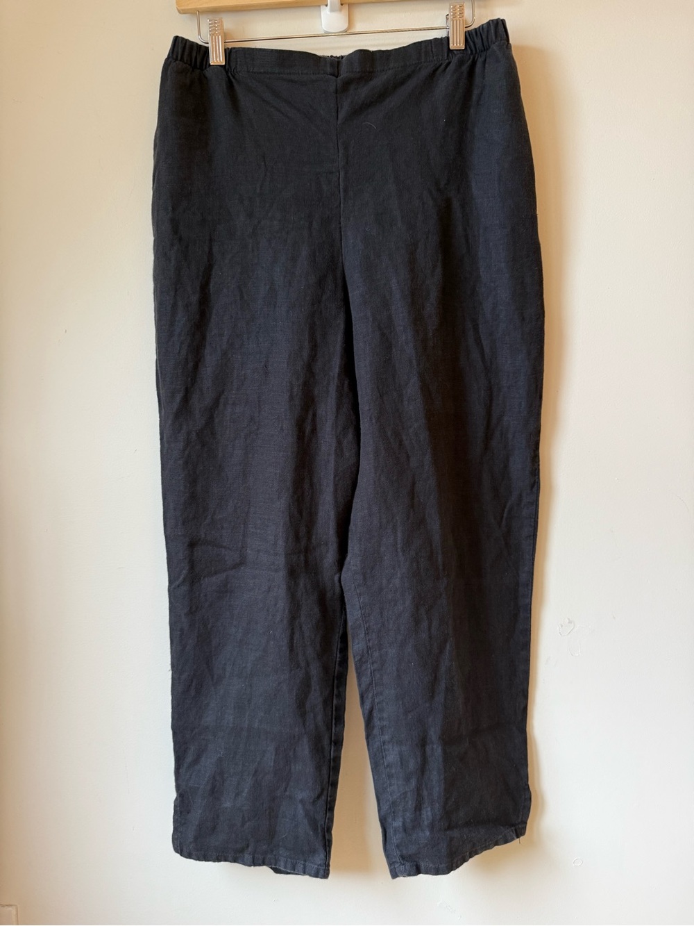 Flax linen pants elastic waist pull on pockets black M Lagenlook